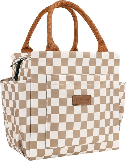 Joymee Lunch Bag Women Insulated Lunch Box Reusable Leakproof Large Spacious Cooler Tote for Women Men Adult with Bottle Holder and Side Pockets for Work Office Travel Picnic - Checker Brown