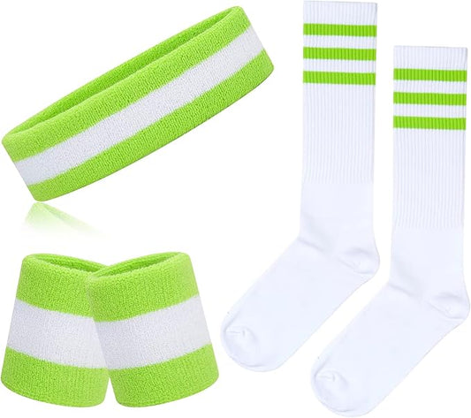 ONUPGO 5 Pieces Sweatbands Striped Socks Set Sports Headband Wristbands High Tube Socks 80s Accessories Costumes