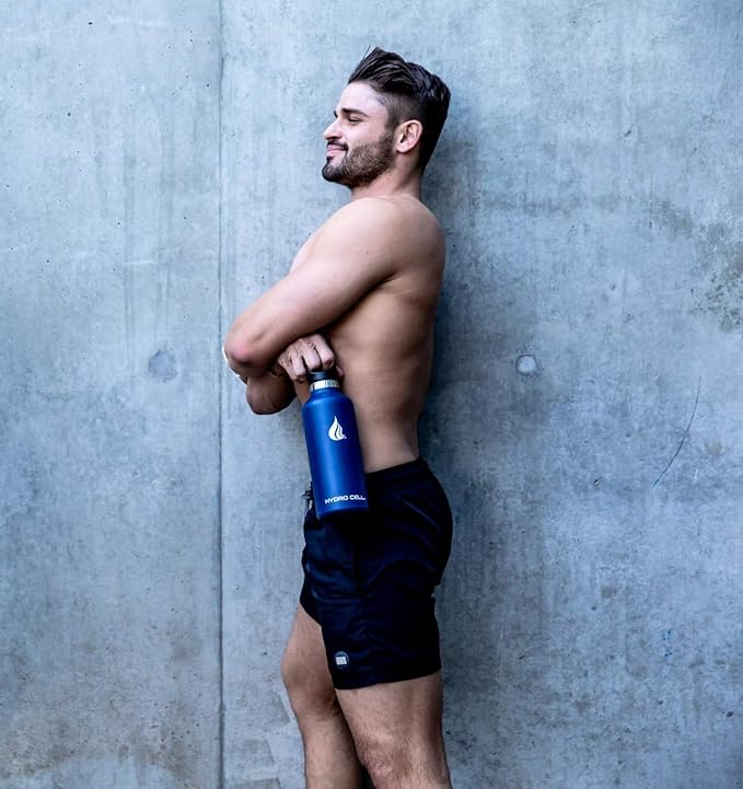 HYDRO CELL Stainless Steel Water Bottle with Straw & 2 Standard Mouth Lids (32oz 24oz 20oz 16oz) Keeps Liquids Hot or Cold w/Double Wall Vacuum Insulated Leak Proof Sport Design (Navy 32oz)