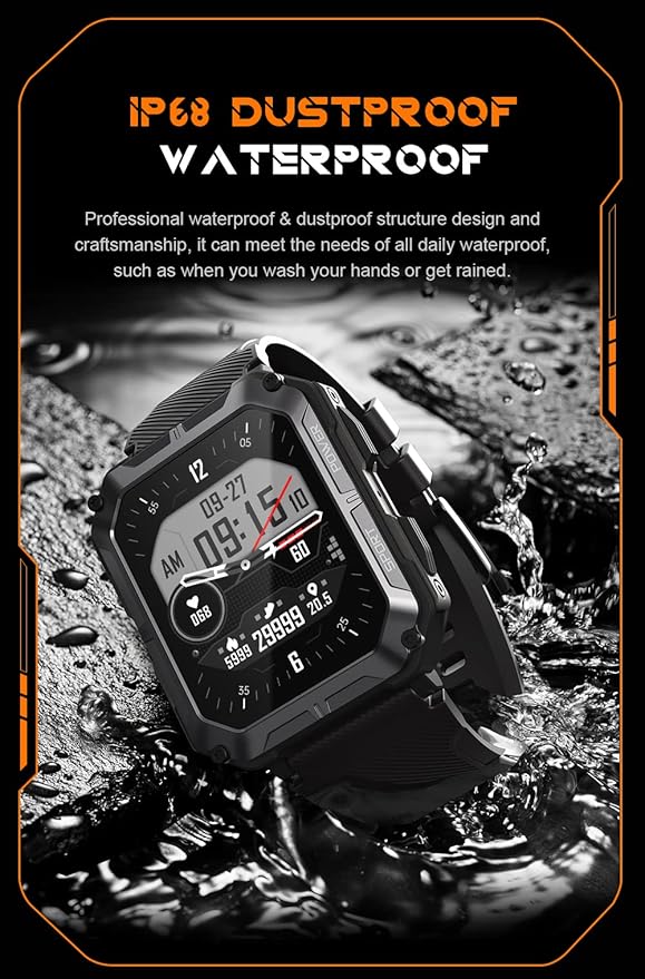 Gravity C20 Pro 1.83" Rugged Smartwatch, IP68 Waterproof, Bluetooth Call, AI Voice, 100+ Sports Modes, Heart Rate & Sleep Monitoring, Shockproof, Fitness Tracker for iOS & Android (Black)