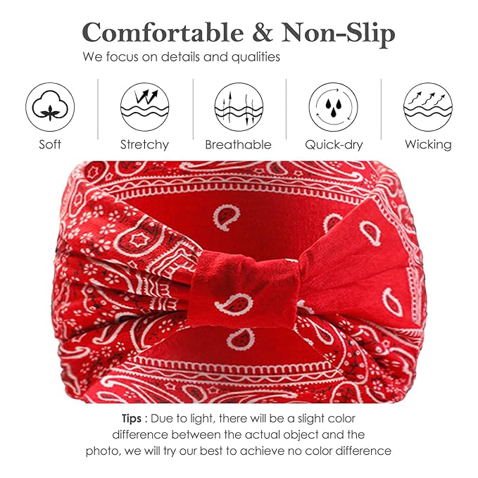 Artilady Wide Bandana Headbands for Women-Boho Bandeau Head Band Bohemian Paisley Red Headwrap Soft Athletic Elastic Sweat Non Slip Hair Bands for Curly Hair Accessories 6 PCS