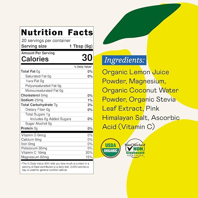 Organic Hydration Electrolyte Drink Mix, Certified Organic Hydration Powder, Non-GMO, Biochecked Glyphosate Free, Low Sugar, Lemonade Flavor, No Artificial Flavors, 20 Servings