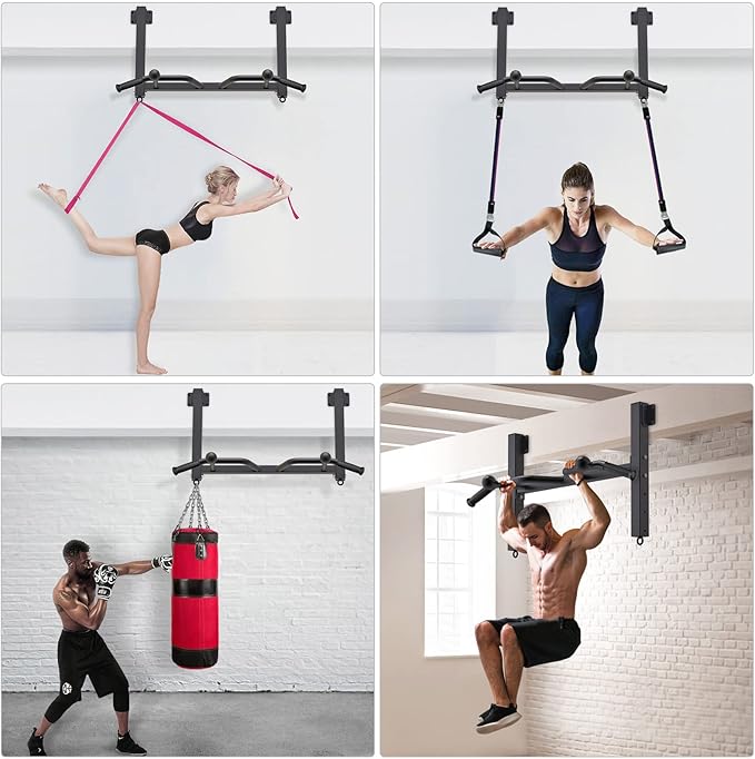 Kipika 32" Ceiling Mounted Pull Up Bar - Heavy Duty, Highly Adjustable, Multifunctional Chin Up Bar - Home Gym System with Punching Bag Hanger and Resistance Bands Training