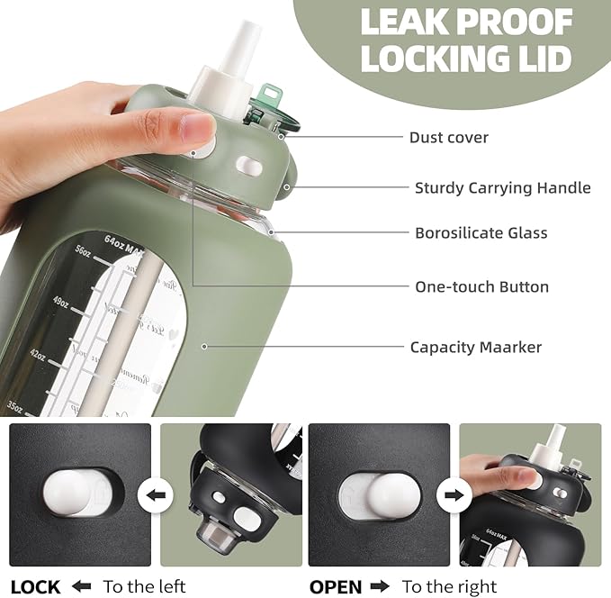 SIEROZUR 32 Glass Water Bottle with Straw and Handle Motivational Water Bottles with Silicone Sleeve and Time Marker Leakproof Borosilicate Water Bottle for Gym Home Office