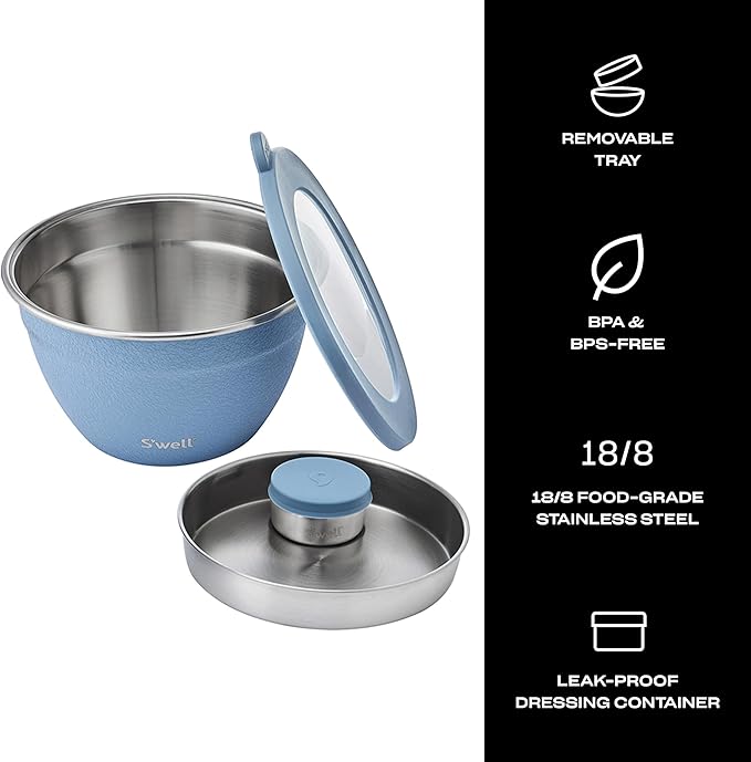 S'well Stainless Steel Salad Bowl Kit 64oz, Desert Sky, Comes with 2oz Mini Canister and Removable Tray for Organization, Leakproof, Easy to Clean, Dishwasher Safe