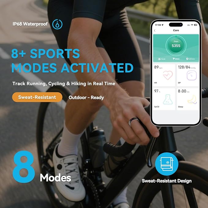 Smart Ring for Women Men,Health Fitness Tracker with Sleep/Blood Pressure/Oxygen Monitoring, Heart Rate & Activity Tracking,IP68 Waterproof, 7-Day Battery,No Subscription Fee 3-Black 8 FRAY