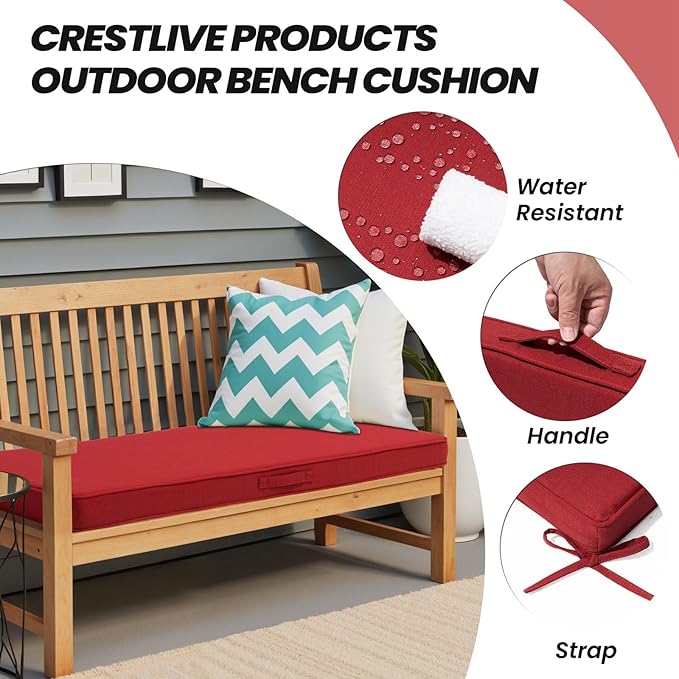 Crestlive Products Outdoor Bench Cushion 48 x 18 Inch, Waterproof Patio Bench Cushions for Outdoor Furniture, Porch Swing Replacement Pad with 30D Foam, Adjustable Straps and Portable Handle, Chili