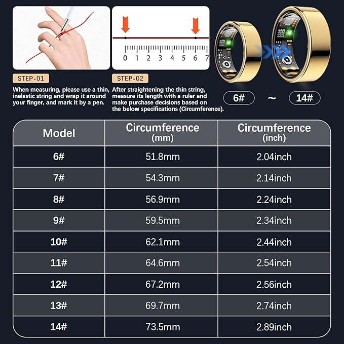 Smart Health Ring for Women Men, Fitness Tracker Ring with Heart Rate, Blood Oxygen, Sleep Tracker, Step Tracker, No Subscription Fee, IP68 Waterproof Smart Ring for iPhone & Android (Gold, 10#)