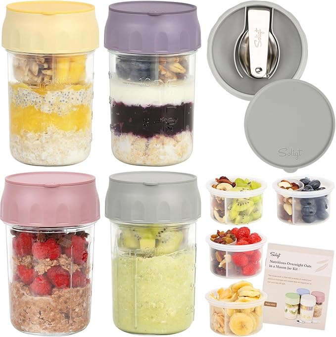 SOLIGT 4 Pack Overnight Oats Containers with Lids, Folding Spoons and Divided Compartments for Fruit & Nuts, Small Glass 16oz Mason Jars for Oatmeal Yogurt Parfait