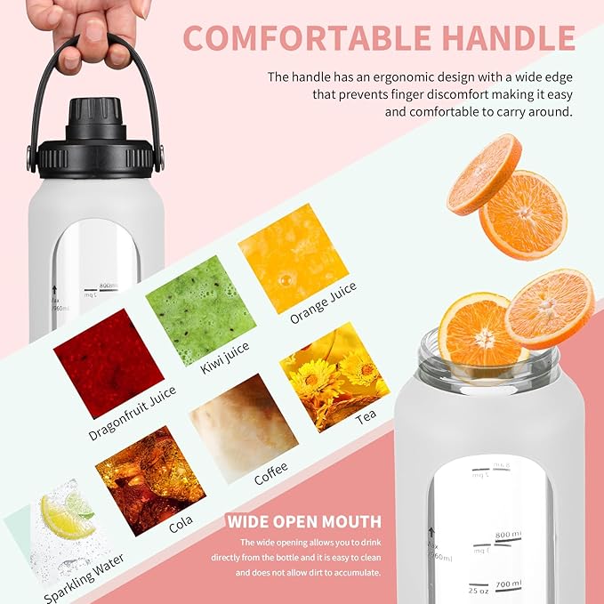 32 oz Glass Water Bottles with 2 Lids-Handle Spout Lid & Straw Lid 1 Liter Motivational Borosilicate Water Bottle with Silicone Sleeve and Time Marker,Leakproof