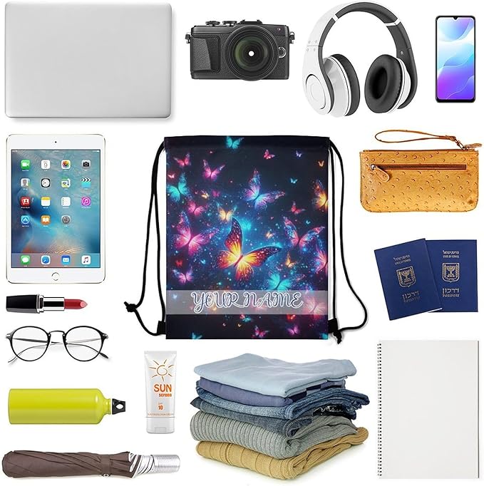 Custom Butterfly Drawstring Backpack - Cute Cinch Sack, String Backpacks for Kids Boys Girls Women Men for Gym Outdoor Sports Travel Athletic Drawstring Bag - Lightweight/Foldable