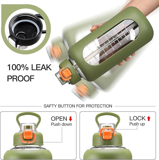 64 oz Glass Water Bolttles with Straw Half Gallon Large Motivational Water Bottle with Time Marker Sports Water Bottles with Silicone Sleeve and Handle Lid Water Jug for Gym Workout