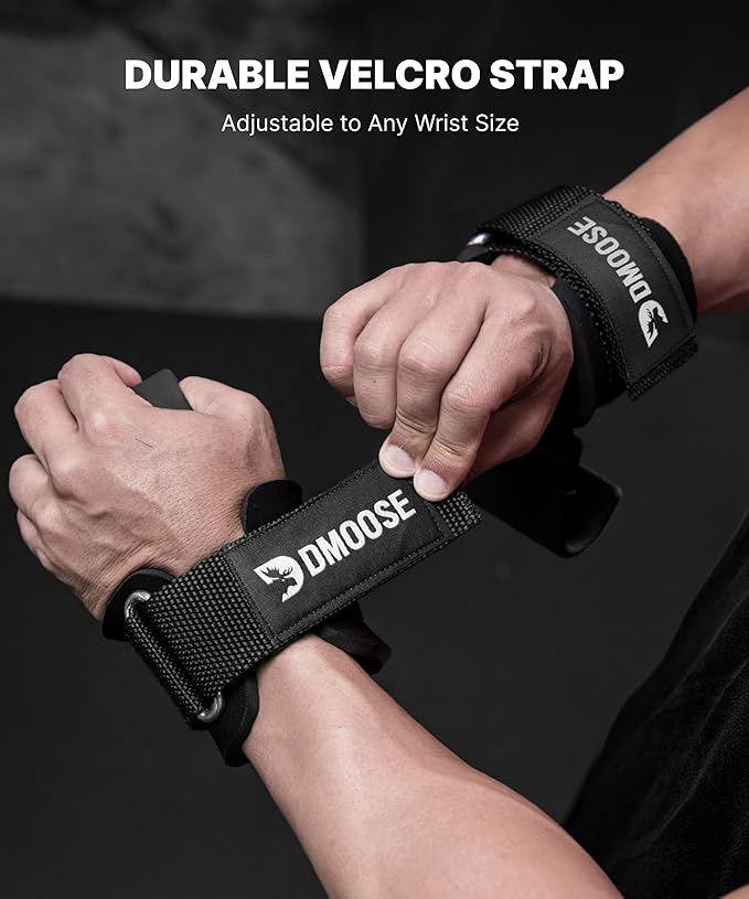 DMoose Fitness Weight Lifting Hooks (Pair) for Deadlifts, Pull Ups, Rows & Shrugs - Anti-Rip Nylon Strap Hand Grips with Thick Wrist Padding - Heavy Duty Wrist Straps for Weightlifting & Gym Workouts