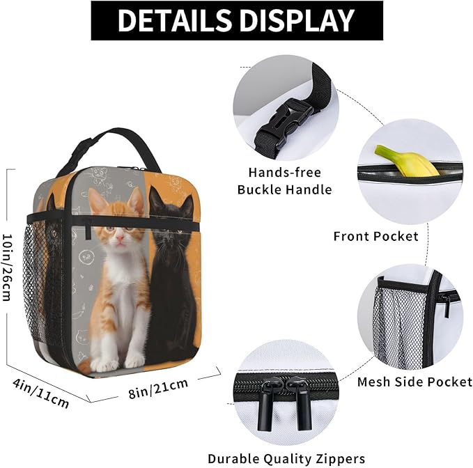 Insulated Lunch Box for Women Men, Yellow and Black Cat Lunch Box Reusable Portable Lunch Bag Cooler Tote Waterproof Lunch Container for Office Picnic Work Travel Hiking