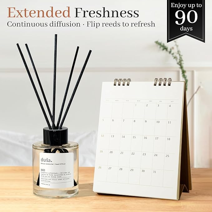 Duša Baies Scented Reed Diffuser & Sticks – 5 Fl Oz Essential Home Fragrance for Bathroom, Office & Living Spaces –Stylish & Long-Lasting Room Air Freshener –Ideal for Housewarming & Special Occasions