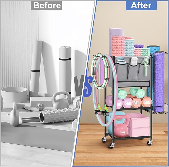 NANANARDOSO Home Gym Storage Rack, Yoga Mat Storage and Gym Organizer Rack for Home Exercise, Gym Portable and Movable Equipment Rack for Yoga Mats, Foam Rollers, Dumbbells, Resistance, Black