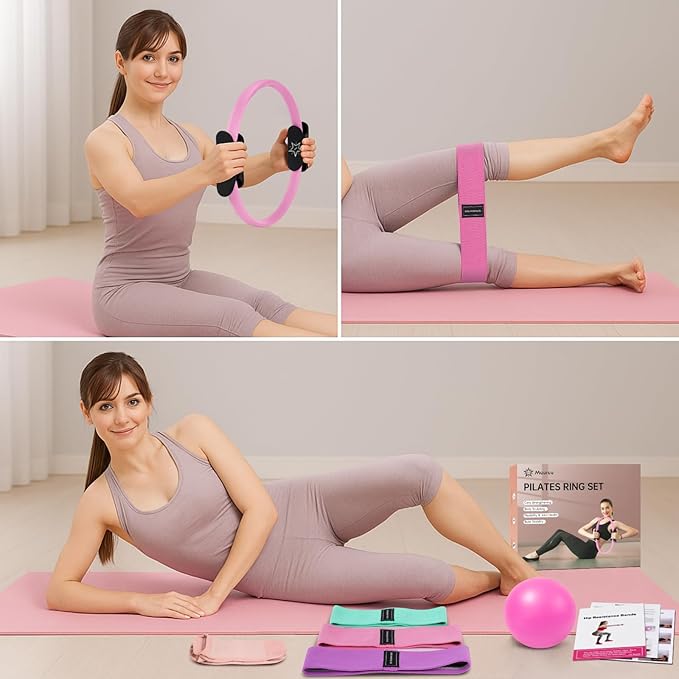Pilates Essentials Kit for Home Women, Ring and Ball Set, Pilates Equipment for Workouts, 3 Resistance Bands, Grip Socks, 14 Inch Magic Circle, Mini Exercise Ball, Great Exercise Equipment