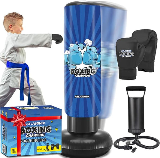 Inflatable Boxing Toy for Boys Age 4-8-12, Standing Kick Dummy, Karate Taekwondo Equipment, Fun Active Game, Birthday Party for Kids, Durable Punch Box Set