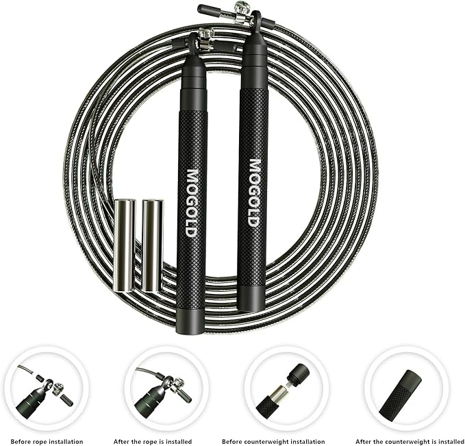 speed jump rope incl. 2 PVC Steel Cables 2.0mm/3.0mm| Ideal for Crossfit, Fitness, Boxing and Easy Double Under | Metal Jump Rope with Weights for Fitness Women and Men Premium Bearing Balls | Carry Pouch&Spare Screws
