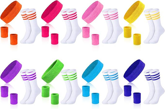 Hillban 80s Workout Outfit 80s Accessories for Women Men Neon Sweatbands Headbands for Tennis Volleyball Sport