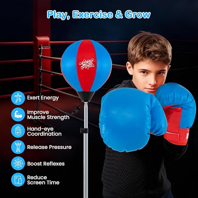 Goplus Punching Bag for Kids, Height Adjustable Kids Workout Equipment with Boxing Stand, Boxing Gloves, Inflator for Teens Adults Boys & Girls Aged 8+, Reflex Bag for Christmas Birthday