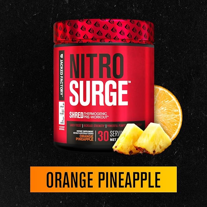 Jacked Factory NITROSURGE Shred Pre Workout Supplement - Energy Booster, Instant Strength Gains, Sharp Focus, Powerful Pumps - Nitric Oxide Booster & PreWorkout Powder - 30Sv, Orange Pineapple