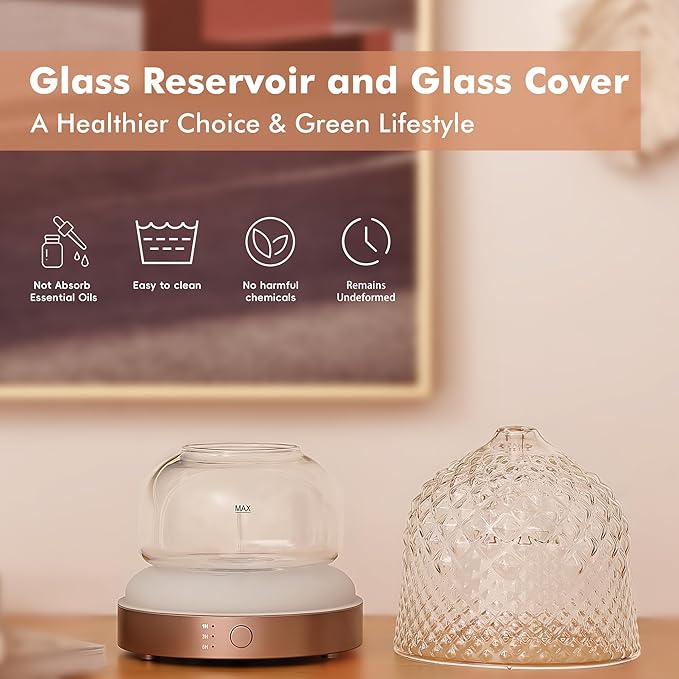 200ml Glass Reservoir Essential Oil Diffuser with Glass Dome Ultrasonic Aromatherapy Diffuser with Four Timer Colorful Light Auto-Off for Gift Home Office Bedroom