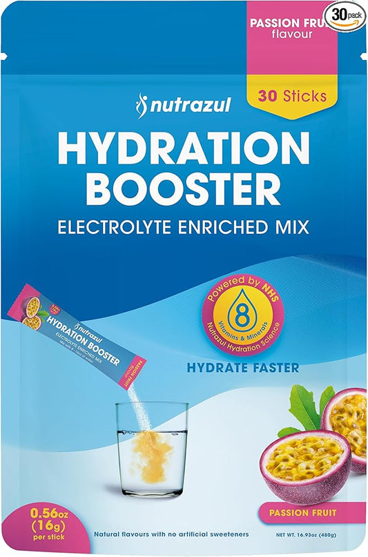 nutrazul Hydration Booster 30 Sticks | Supports Rapid Hydration | Electrolyte Enriched Mix | No Artificial Sweeteners | Passion Fruit Flavour| Vegan, Gluten-Free, Non-GMO