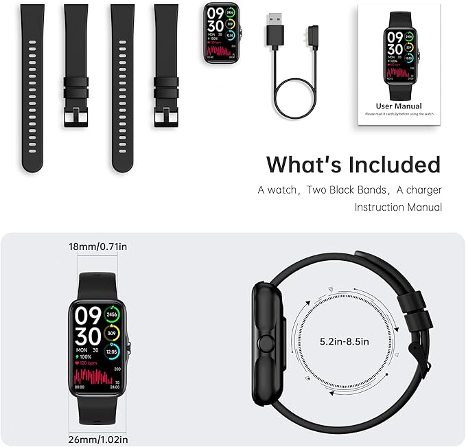 Health Fitness Tracker, Smart Watch with 24/7 Heart Rate and Blood Oxygen Monitor, Sleep Tracker with IP68 Waterproof, Activity Tracker Pedometer Step Counter for Women Men (Black)