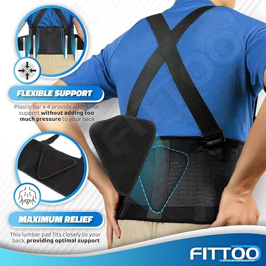 FITTOO Back Brace with Removable Suspenders & Lumbar Pad for Back Pain Relief, Heavy Lifting Support, Moving and Warehouse Jobs, Lower Back Pain Protection Belt for Men & Women in Construction