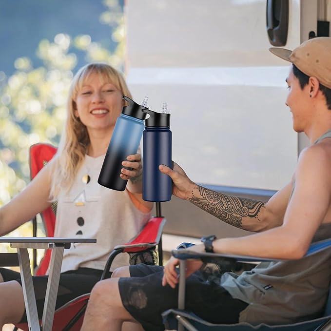 24 oz Insulated Water Bottle with Straw Lid & Wide Mouth Lids, Stainless Steel Sports Water Bottles, Double Walled Vacuum, Leak Proof, Blue Black Gradient