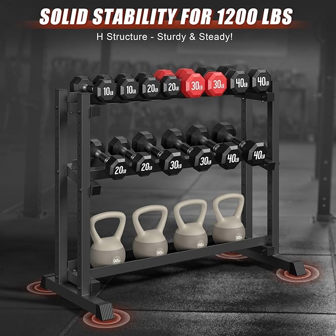 3-Tier Dumbbell Rack Stand Only, 1200LB Capacity Jusgym Adjustable Weight Rack for Home Gym, Heavy-Duty Weight Stand for Dumbbells Kettlebells