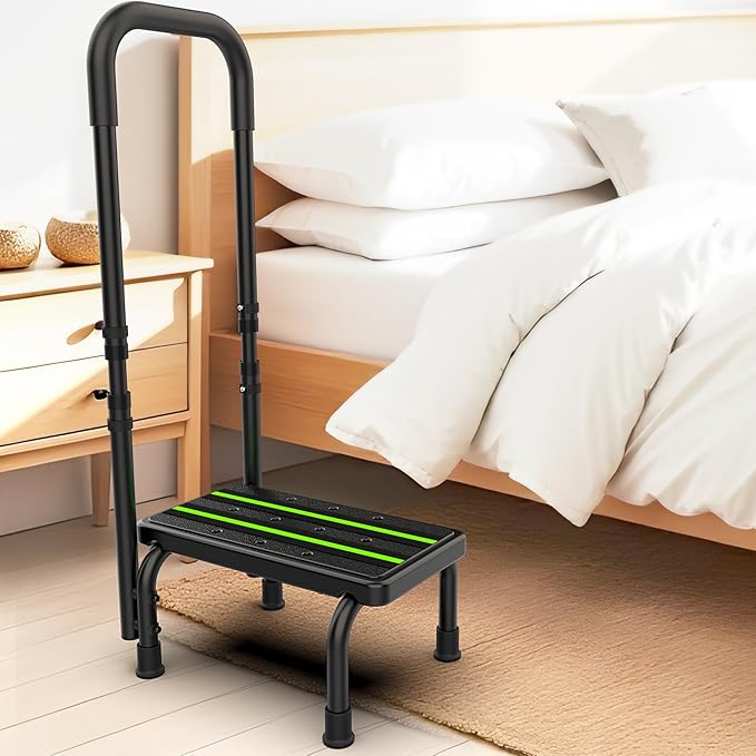 Step Stool with Handle for Elderly, Non Skid Platform & Adjustable Handrail, Medical Stepping Stool for High Bed Mobility & Daily Living Aids, Bedside Car Stair Lift for Senior Adults 400lbs
