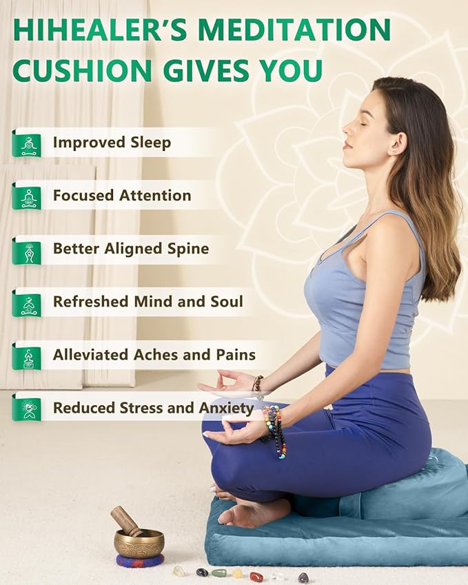 Hihealer Meditation Cushion Set Large Velvet Floor Pillow & Traditional Tibetan Yoga Bolster for Adults Zafu Meditation Mat with Buckwheat Filling