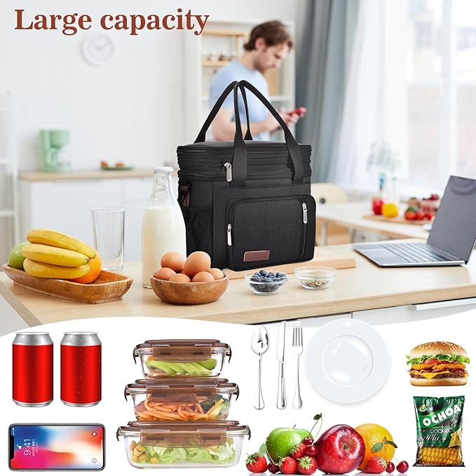 Expandable Lunch Box for Women Men | Adult Lunchbag Cooler Tote Bag with Adjustable Shoulder Strap | Insulated Reusable Womens Lunch Bags for Work Camping Beach | 16L, Black