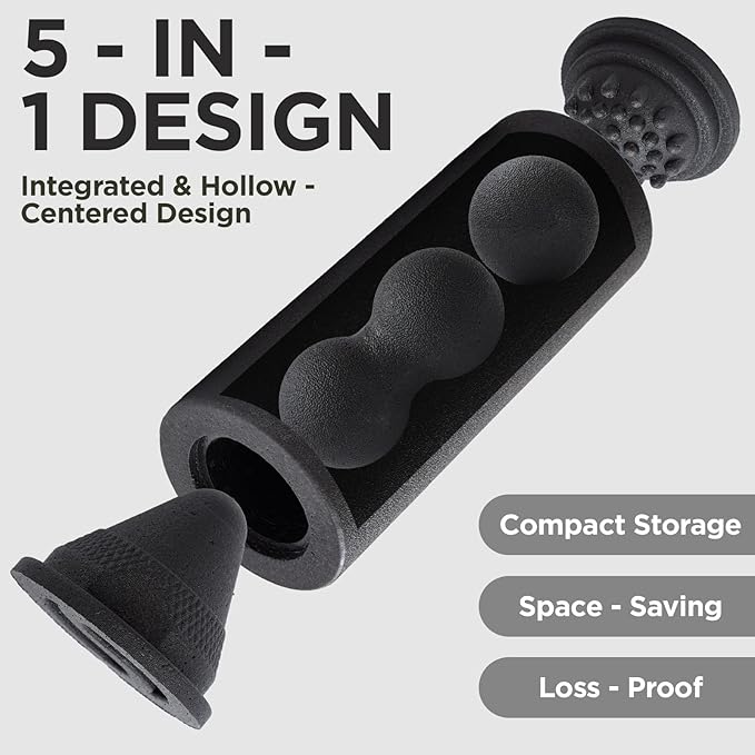 5 in 1 Foam Roller Set with Peanut Massage Ball, Curved Muscle Brush - Yoga Roller, Massage Ball, Trigger Point Triangle for Deep Tissue Relief (Black)