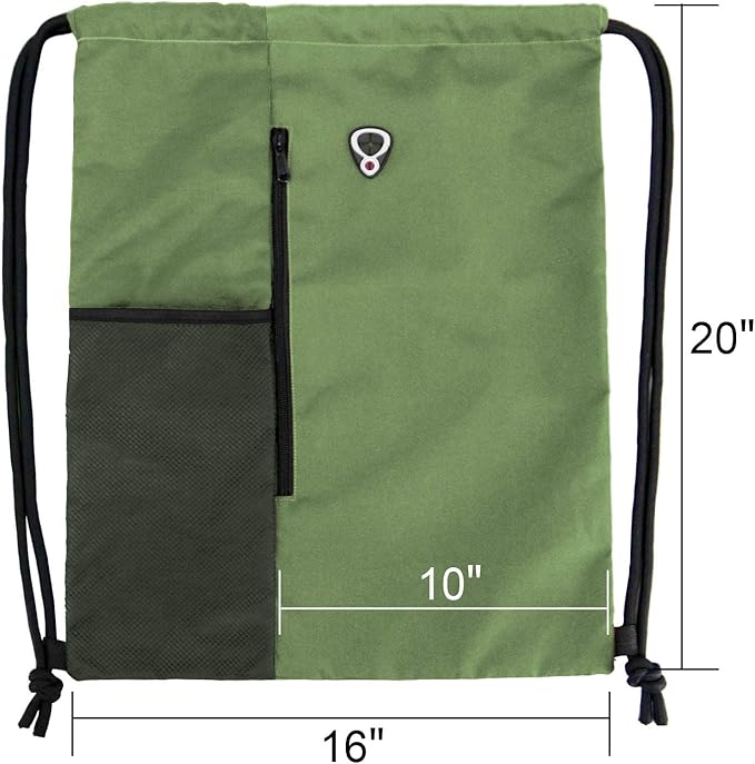 BeeGreen Green Drawstrings Backpacks Bags For Men String Backpack For Women With Water Bottle Pocket &Front Zippered Pocket Large Sackpack For Traveling Yoga Beach Outdoor Gym