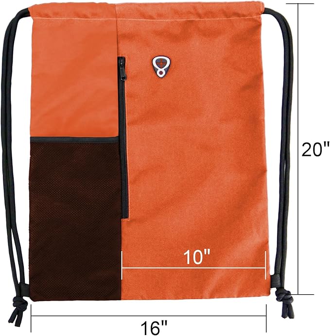 BeeGreen Orange Drawstring Backpack Gym Bag For Men & Women – Sports Sackpack with Mesh Water Bottle Holder & 2 Zippered Pockets – Large 16x20 Inch Cinch String Backpack