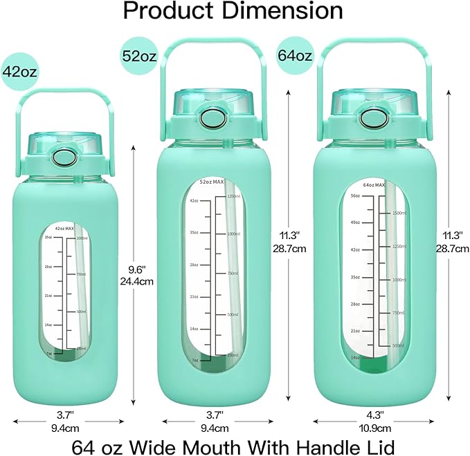 64oz Glass Water Bolttles with Straw Half Gallon Large Motivational Water Bottle with Time Marker Sports Water Bottles with Silicone Sleeve and Handle Lid Water Jug for Gym Workout