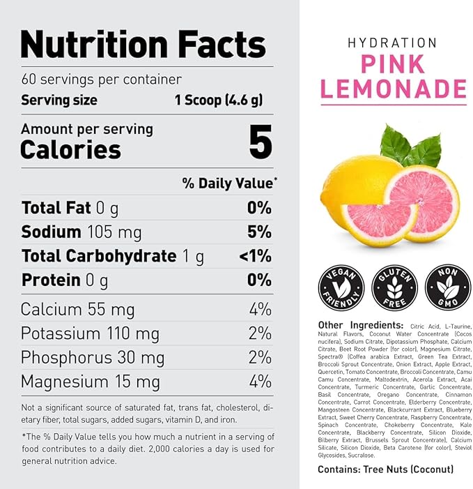 Kaged Electrolyte Hydration Powder Hydracharge Pink Lemonade Sports Drink for Men and Women Pre, Post, Intra Workout Supplement 60 Servings