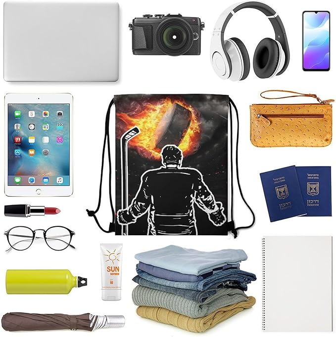 Hockey Drawstring Backpack - Cool Cinch Sack, String Backpacks for Kids Women Men Boys Girls for Gym Outdoor Sports Travel Athletic Drawstring Bag - Lightweight/Foldable