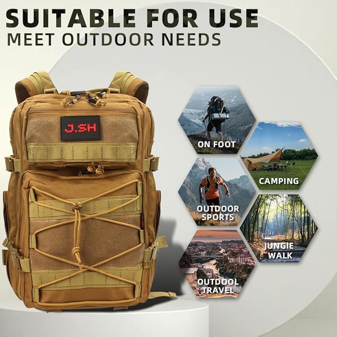 J.SH 45L Large Capacity 3-Day Tactical Backpack, Waterproof & Tear-Resistant, MOLLE System, Adjustable Straps (chest strap and waist strap), Hiking Backpack for Men & Women - Khaki