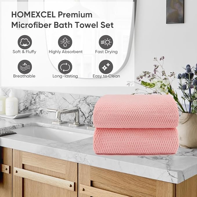 HOMEXCEL Bath Towels Pack of 4, (27 x 54 Inches) Microfiber Ultra Soft Highly Absorbent Bath Towel Set, Lightweight and Quick Drying Towels for Body, Sport, Yoga, SPA, Fitness, Pink