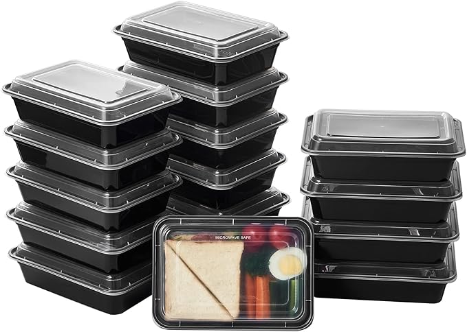 32 oz 50Pack Plastic Meal Prep Food Storage Containers with Lids Reusable 1 Compartment To Go Lunch Box Black Extra Large &Thick Microwave Freezer Safe BPA Free Stackable (Formerly FULING)