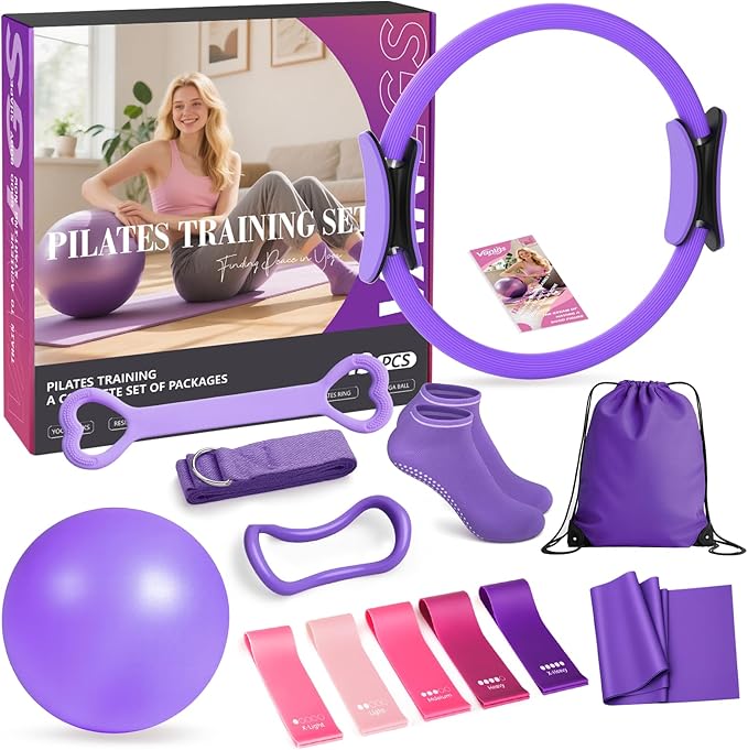 Pilates Equipment at Home Essentials Pilates Kit for Women 13Pcs Pilates Workout Set with 13” Ring, 10” Ball and Resistance Bands Set for Beginners