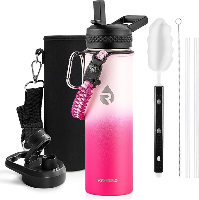 Insulated Water Bottle 20 oz, Triple Wall Vacuum Stainless Steel (Cold for 48 Hrs), Leak Proof & Non-BPA, Kids Water Bottle Jug for School with Straw Spout Lids, Ombre Pink