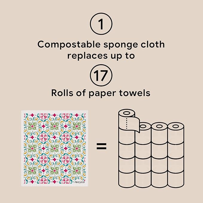 RECYCO Swedish Dishcloths for Kitchen | 6 Pack Boho Mosaic Bliss Washable Dish Rags | Cellulose Reusable Cleaning Paper Towels | Absorbent Counter Dish Cloth Sponge Kitchen Wipes, 8" L x 7" W