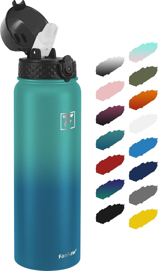 Fanhaw 32 Oz Stainless Steel Insulated Sports Water Bottles with Straw for Kids, Men and Women (Green Blue)