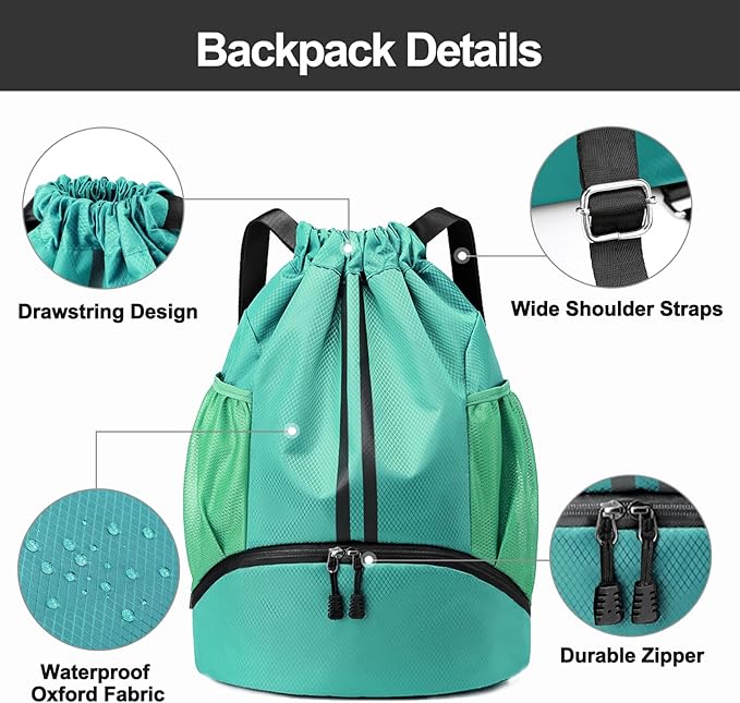 Hoedia Sports Drawstring Backpack - String Swim Gym Bag with Shoes Compartment and Wet Proof Pocket for Women/Men (Mint Green)