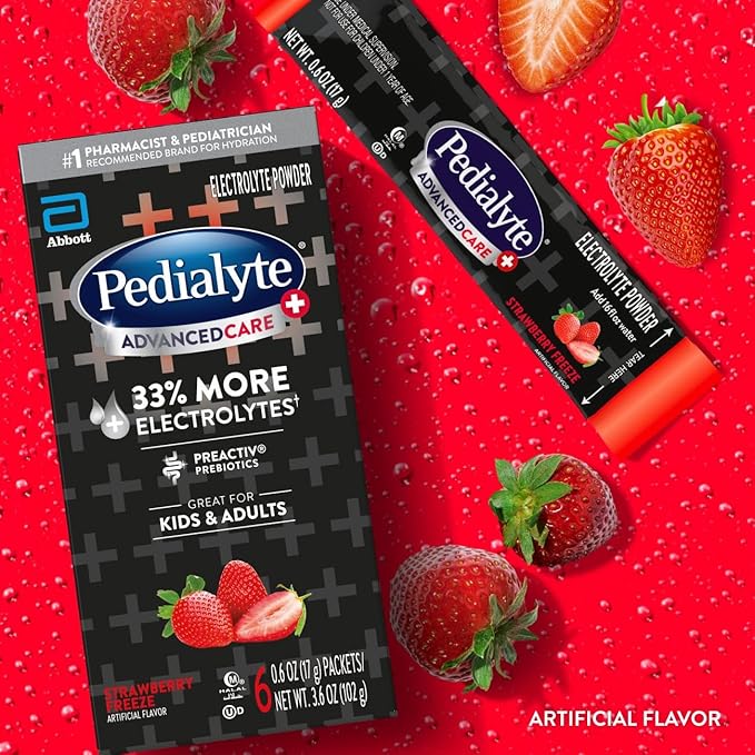 Pedialyte AdvancedCare Plus Electrolyte Powder, Has 33% More Electrolytes and PreActiv Prebiotics, Strawberry Freeze, 100 Powder Packet